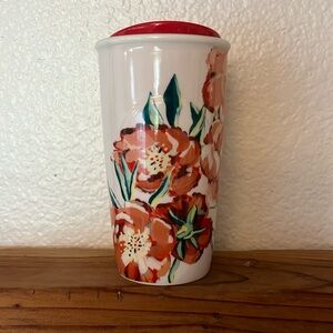 Starbucks Red Poppy Flower Floral Ceramic Dot Traveler Tumbler Coffee Cup 10 oz